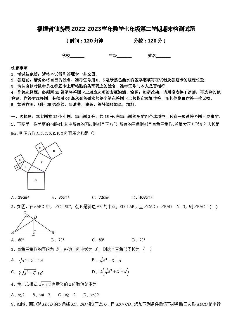 福建省仙游县2022-2023学年数学七年级第二学期期末检测试题含答案第1页