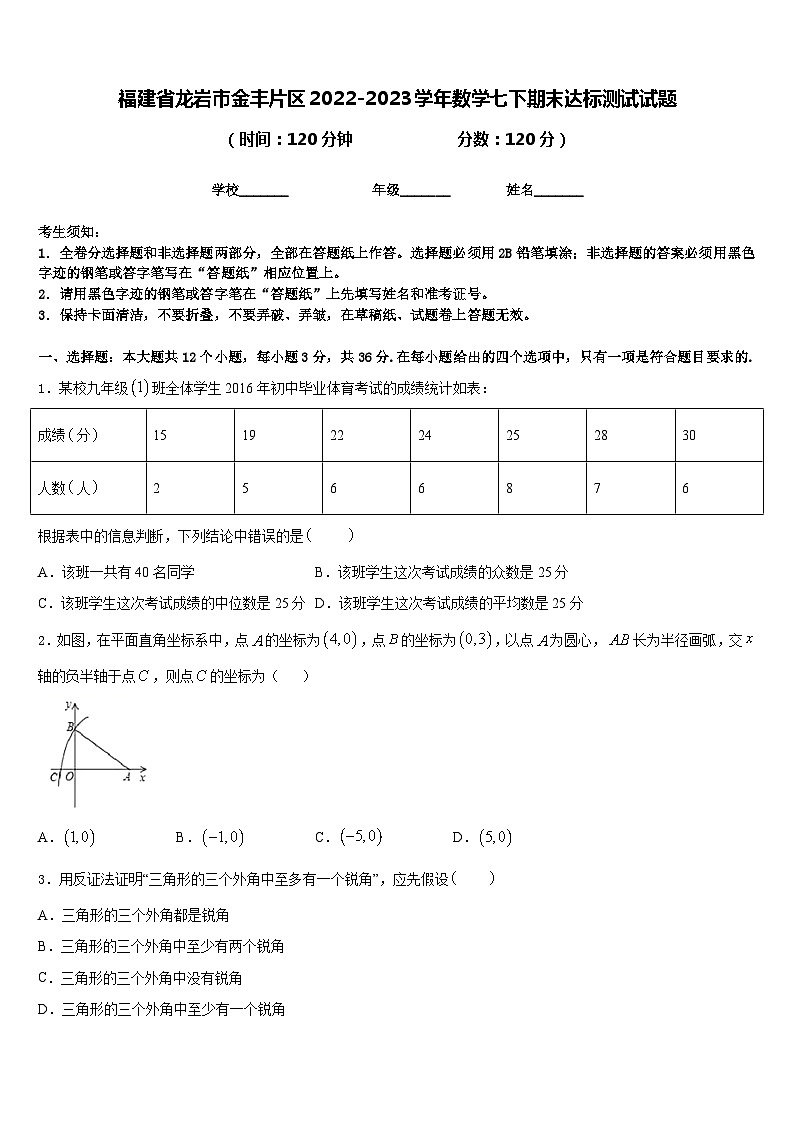 福建省龙岩市金丰片区2022-2023学年数学七下期末达标测试试题含答案01