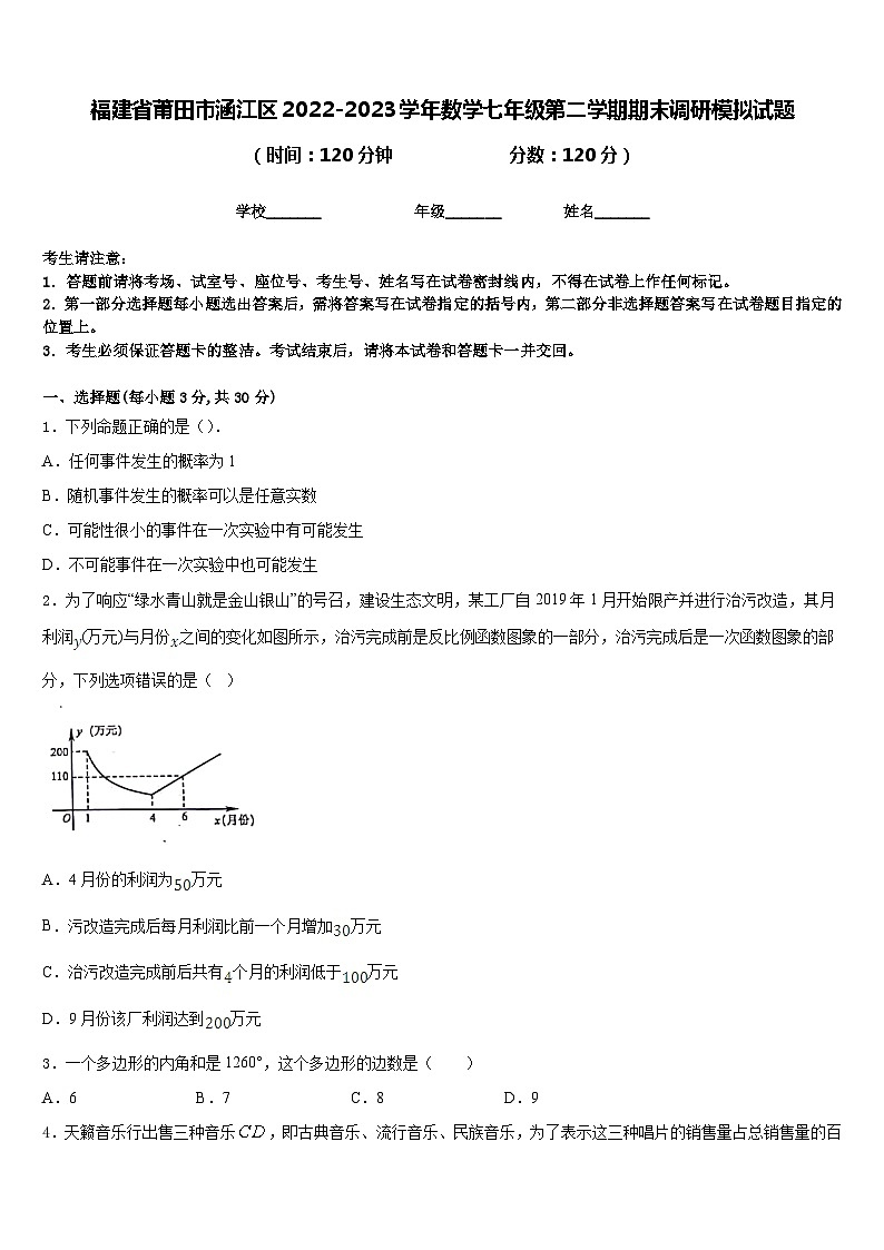 福建省莆田市涵江区2022-2023学年数学七年级第二学期期末调研模拟试题含答案01