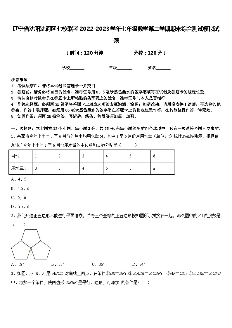 辽宁省沈阳沈河区七校联考2022-2023学年七年级数学第二学期期末综合测试模拟试题含答案第1页
