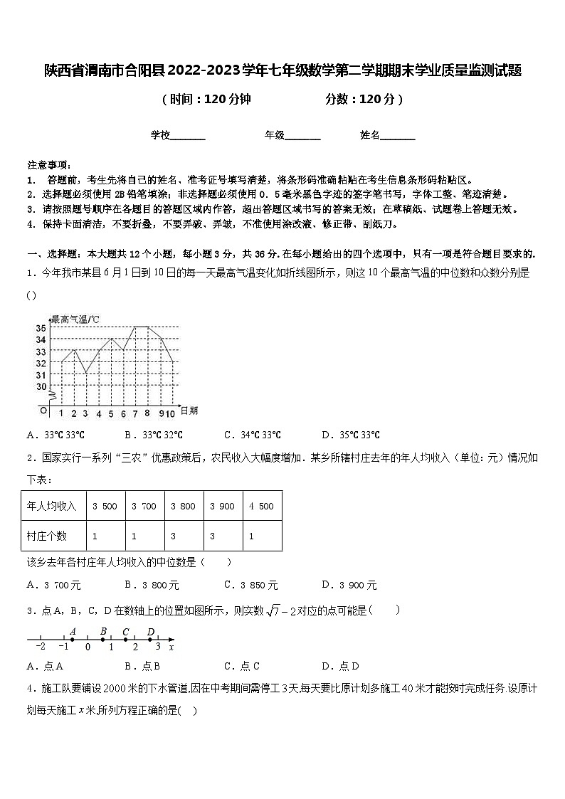 陕西省渭南市合阳县2022-2023学年七年级数学第二学期期末学业质量监测试题含答案第1页