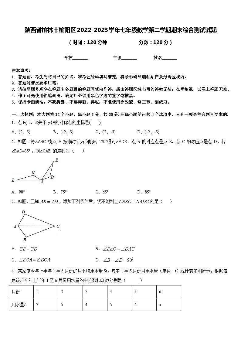 陕西省榆林市榆阳区2022-2023学年七年级数学第二学期期末综合测试试题含答案01