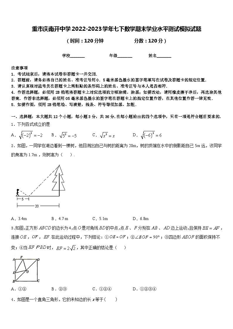 重市庆南开中学2022-2023学年七下数学期末学业水平测试模拟试题含答案01