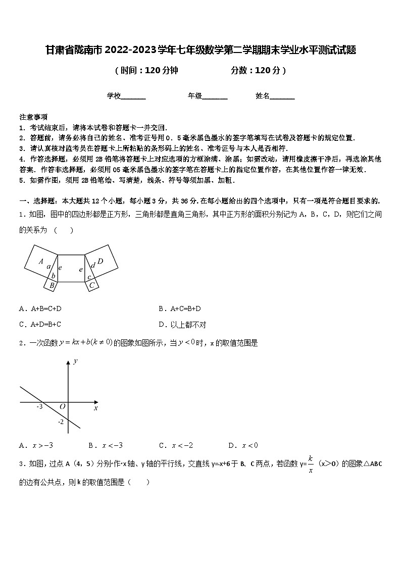 甘肃省陇南市2022-2023学年七年级数学第二学期期末学业水平测试试题含答案第1页