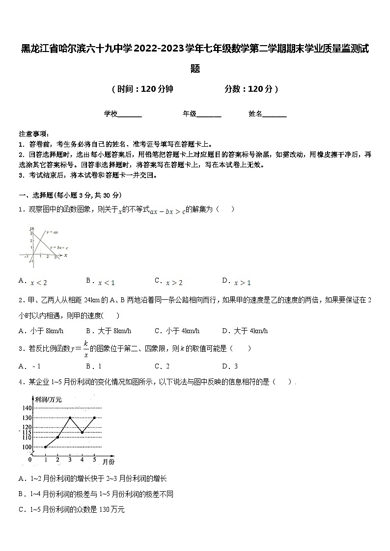 黑龙江省哈尔滨六十九中学2022-2023学年七年级数学第二学期期末学业质量监测试题含答案第1页