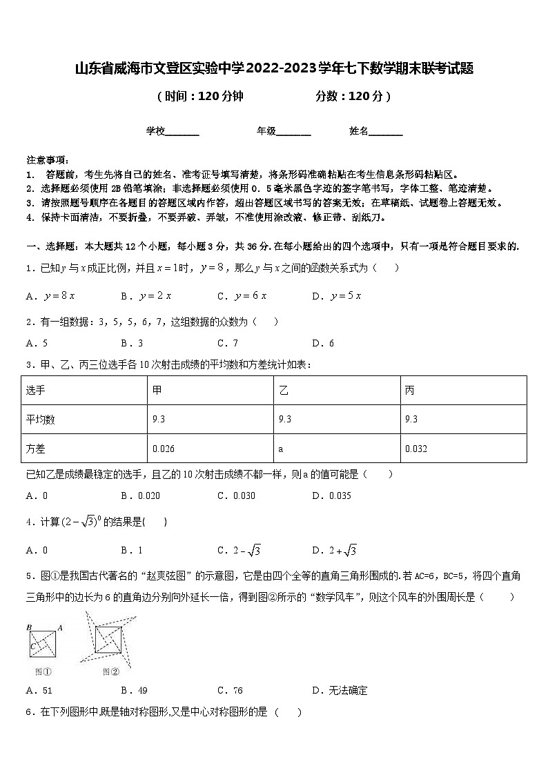 山东省威海市文登区实验中学2022-2023学年七下数学期末联考试题含答案01