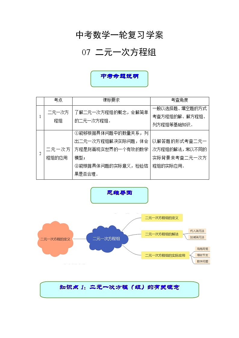 中考数学专题07 二元一次方程组（学案含解析）01