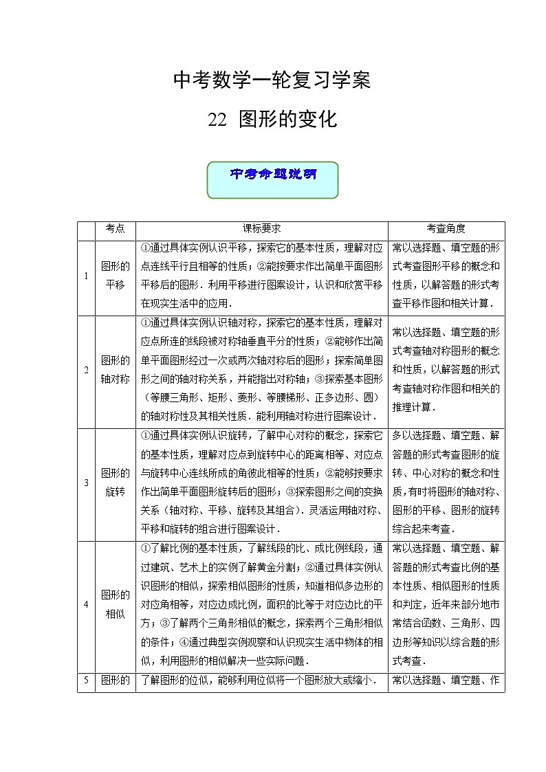 中考数学专题22 图形的变化（学案含解析）第1页