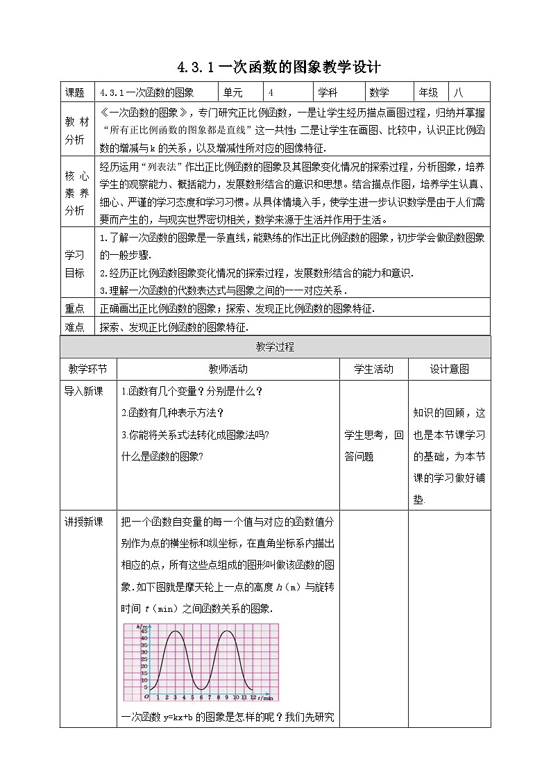 【核心素养】4.3.1一次函数的图象 教案-北师大版数学八年级上册01