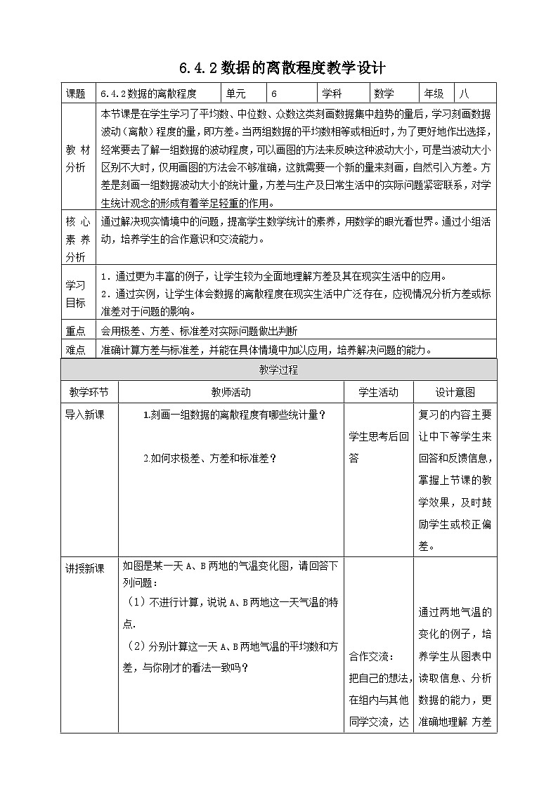 【核心素养】6.4.2数据的离散程度 教案-北师大版数学八年级上册01