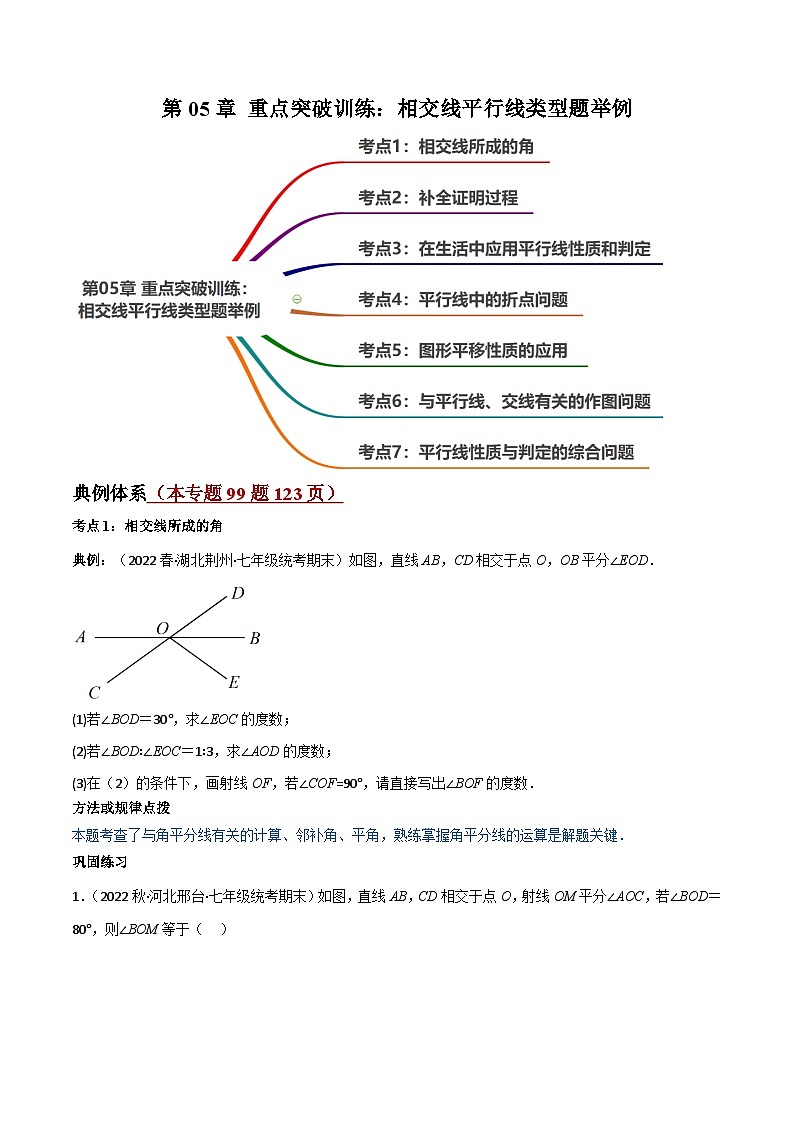 【同步讲义】人教版数学七年级下册：第05章 重难点突破训练：相交线平行线类型题举例（99题123页）讲义01