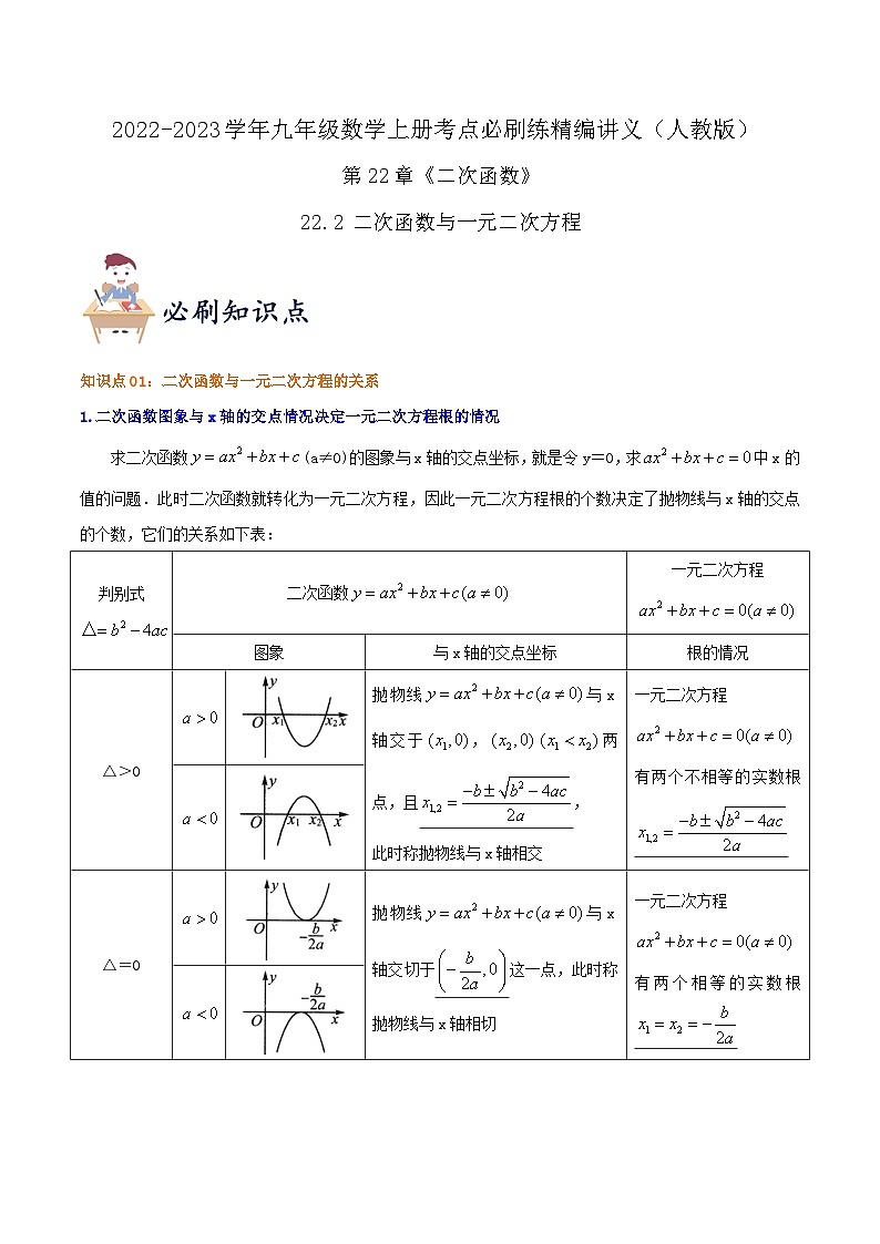 【重难点讲义】人教版数学九年级上册-知识点【22.2 二次函数与一元二次方程】  讲义01