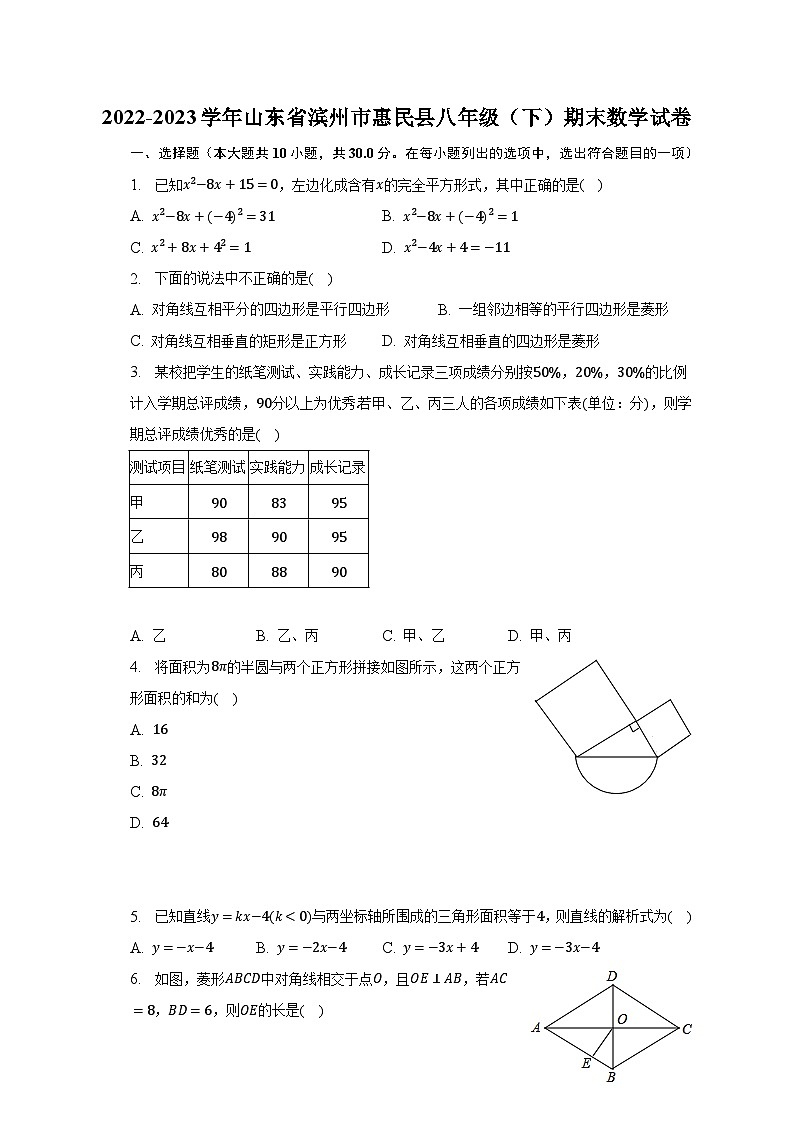 2022-2023学年山东省滨州市惠民县八年级（下）期末数学试卷（含解析）01