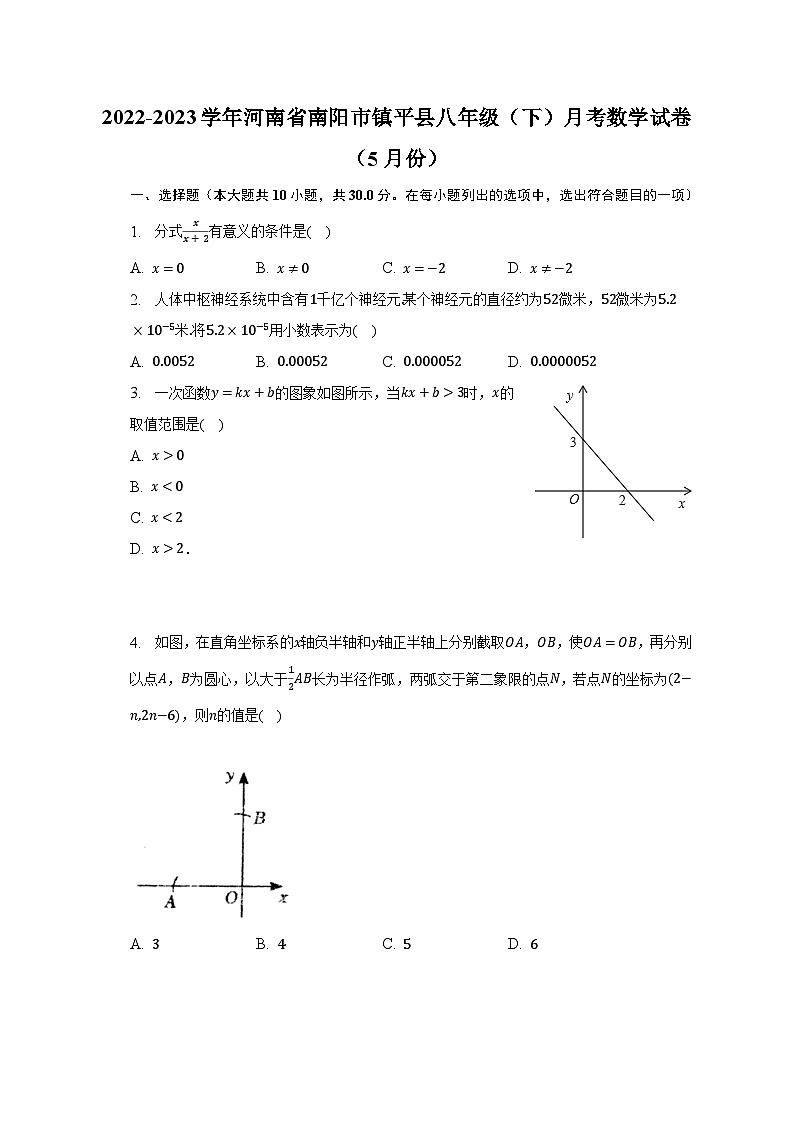 2022-2023学年河南省南阳市镇平县八年级（下）月考数学试卷（5月份）（含解析）第1页