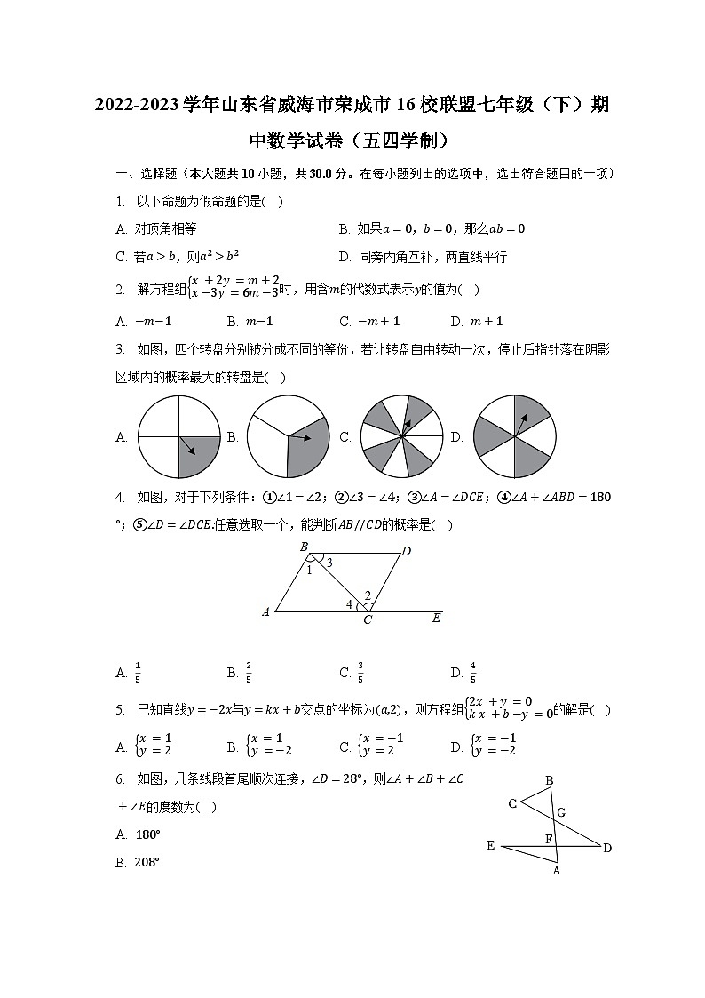 2022-2023学年山东省威海市荣成市16校联盟七年级（下）期中数学试卷（五四学制）（含解析）01