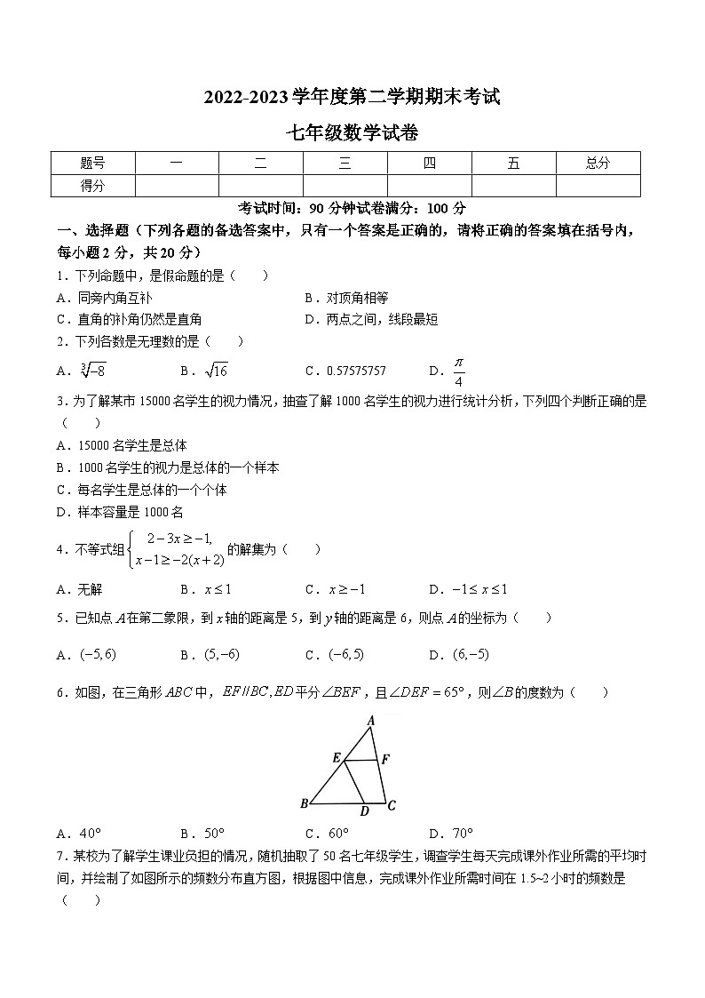 辽宁省铁岭市某校2022-2023学年七年级下学期期末数学试题(无答案)第1页
