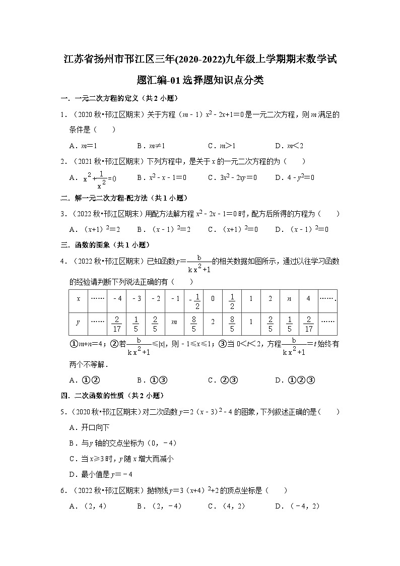 江苏省扬州市邗江区三年(2020-2022)九年级上学期期末数学试题汇编-01选择题知识点分类第1页