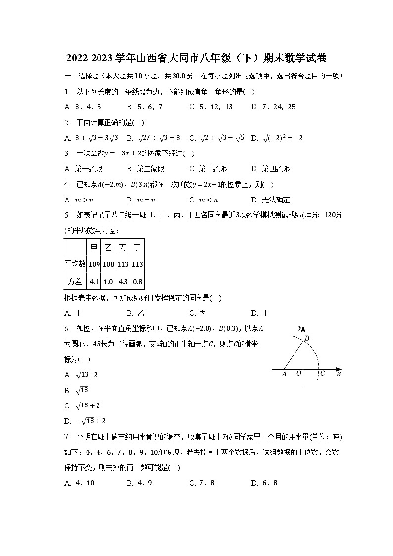 2022-2023学年山西省大同市八年级（下）期末数学试卷（含解析）01