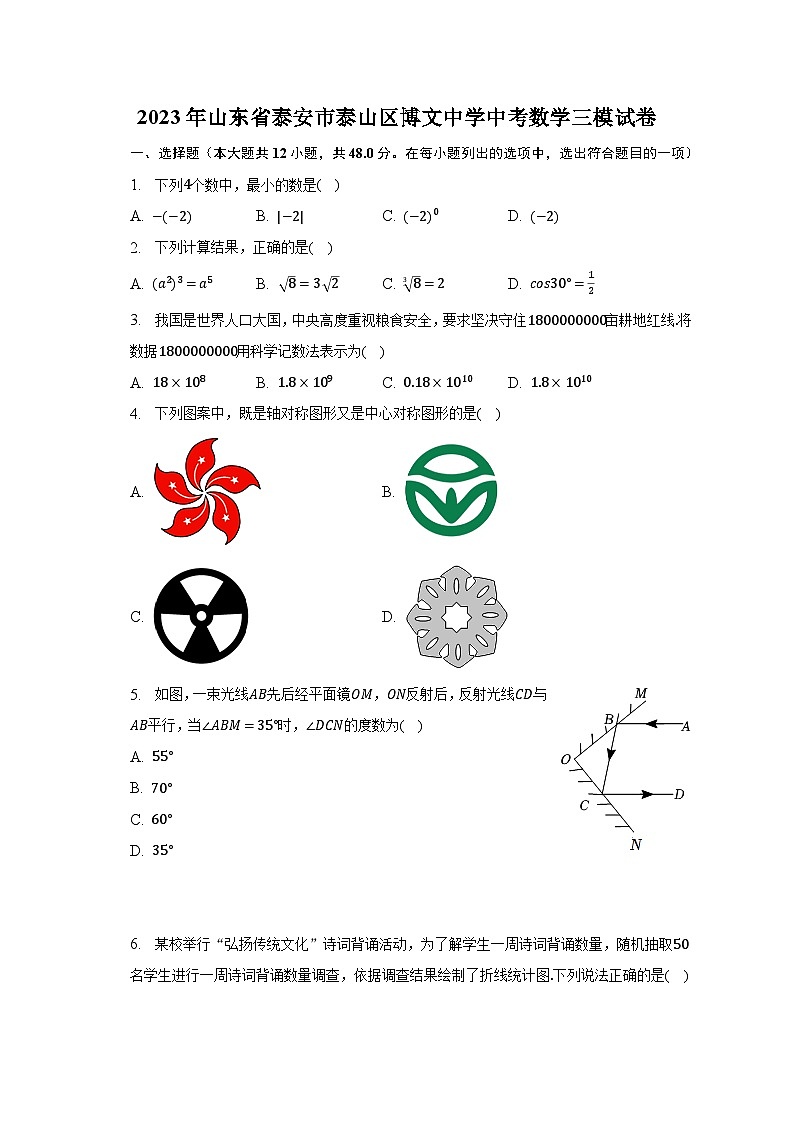 2023年山东省泰安市泰山区博文中学中考数学三模试卷（含解析）第1页