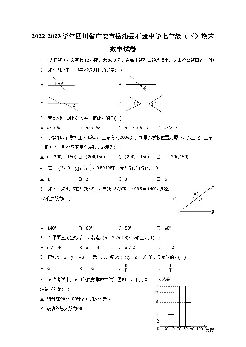 四川省广安市岳池县石垭中学2022-2023学年七年级下学期期末数学试卷第1页
