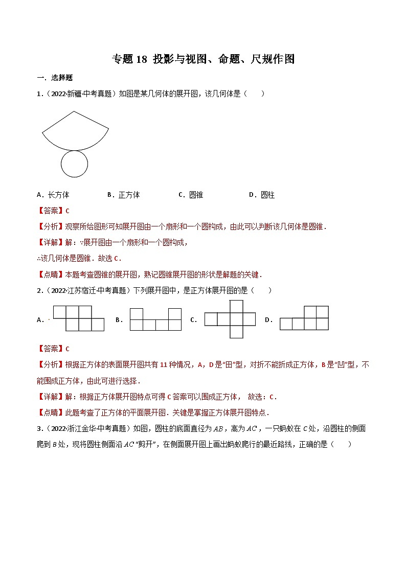 2022年中考数学真题分项汇编专题18 投影与视图、命题、尺规作图（含解析）01