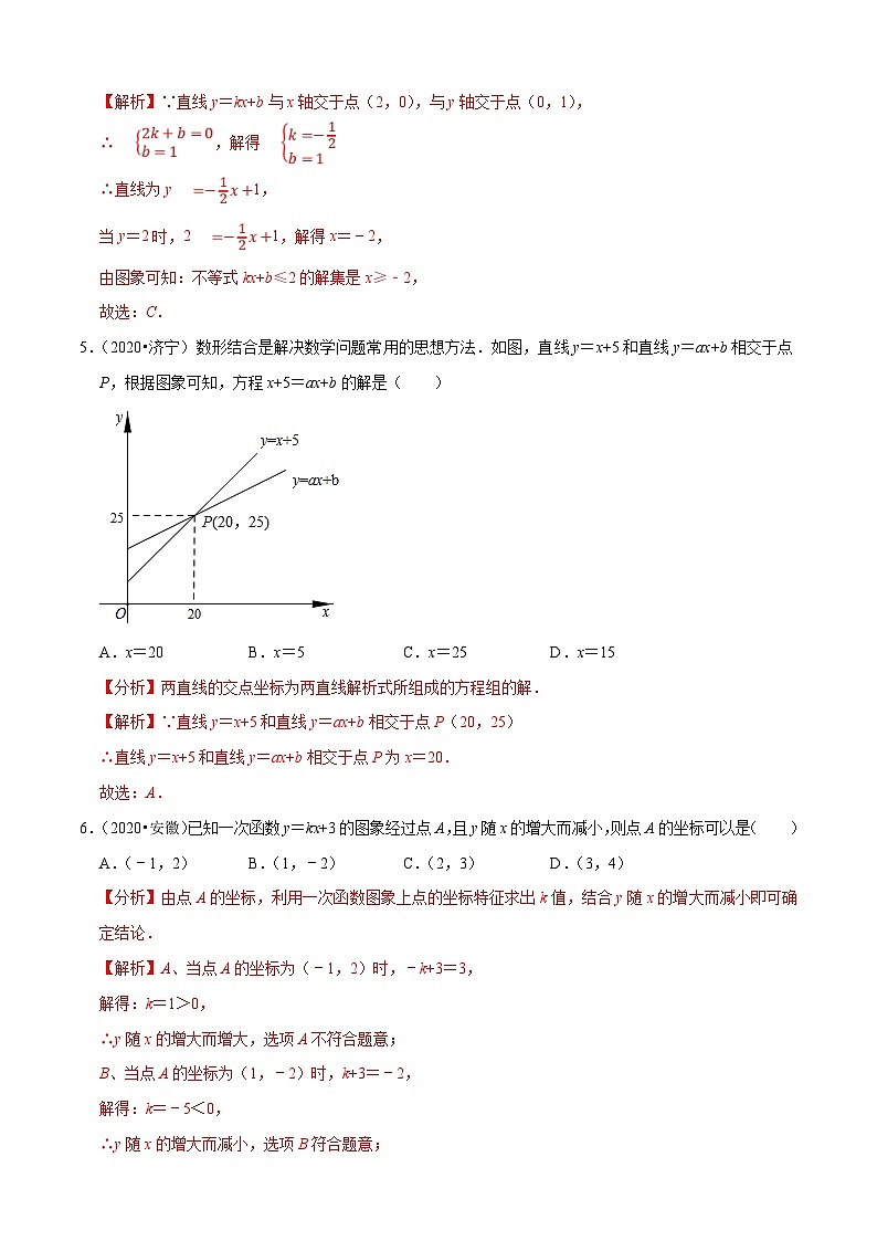 2020年中考数学真题分项汇编专题09一次函数 (含解析)第2页