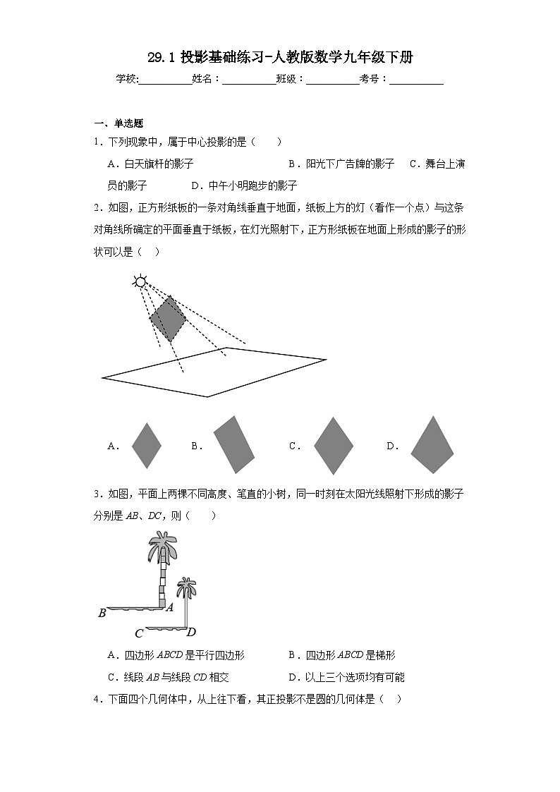 29.1投影基础练习-人教版数学九年级下册01