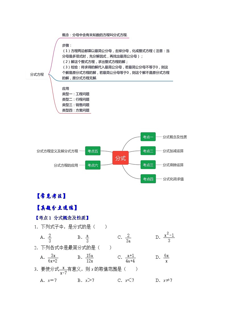 八年级数学上册【满分秘诀】专题09 分式（考点突破）（原卷版）第2页