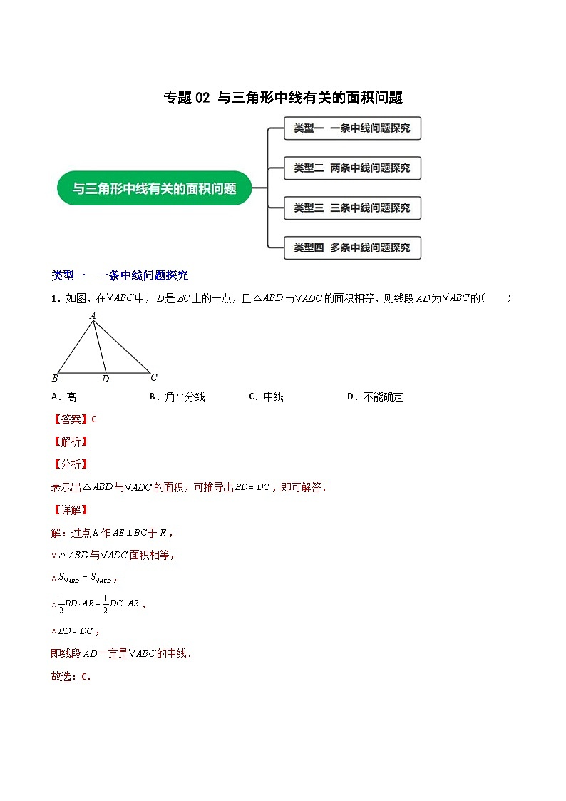 专题02 与三角形中线有关的面积问题-【微专题】2022-2023学年八年级数学上册常考点微专题提分精练（人教版）01