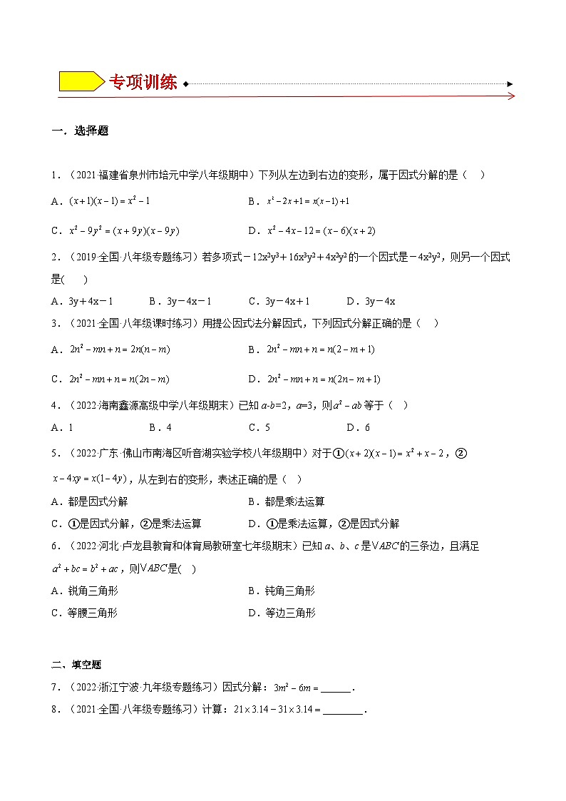 14.3.1 提公因式法（题型专攻）-2022-2023学年八年级数学上册章节同步实验班培优题型变式训练（人教版）03