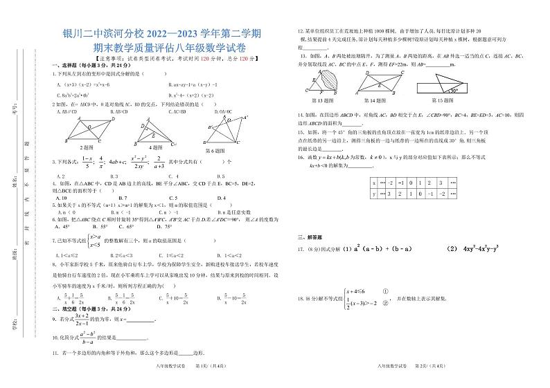 宁夏银川市银河二中滨河分校2022-2023学年八年级下学期期末数学试卷01