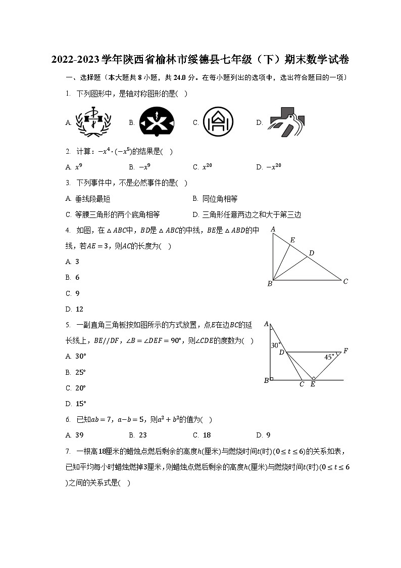 2022-2023学年陕西省榆林市绥德县七年级（下）期末数学试卷（含解析）第1页