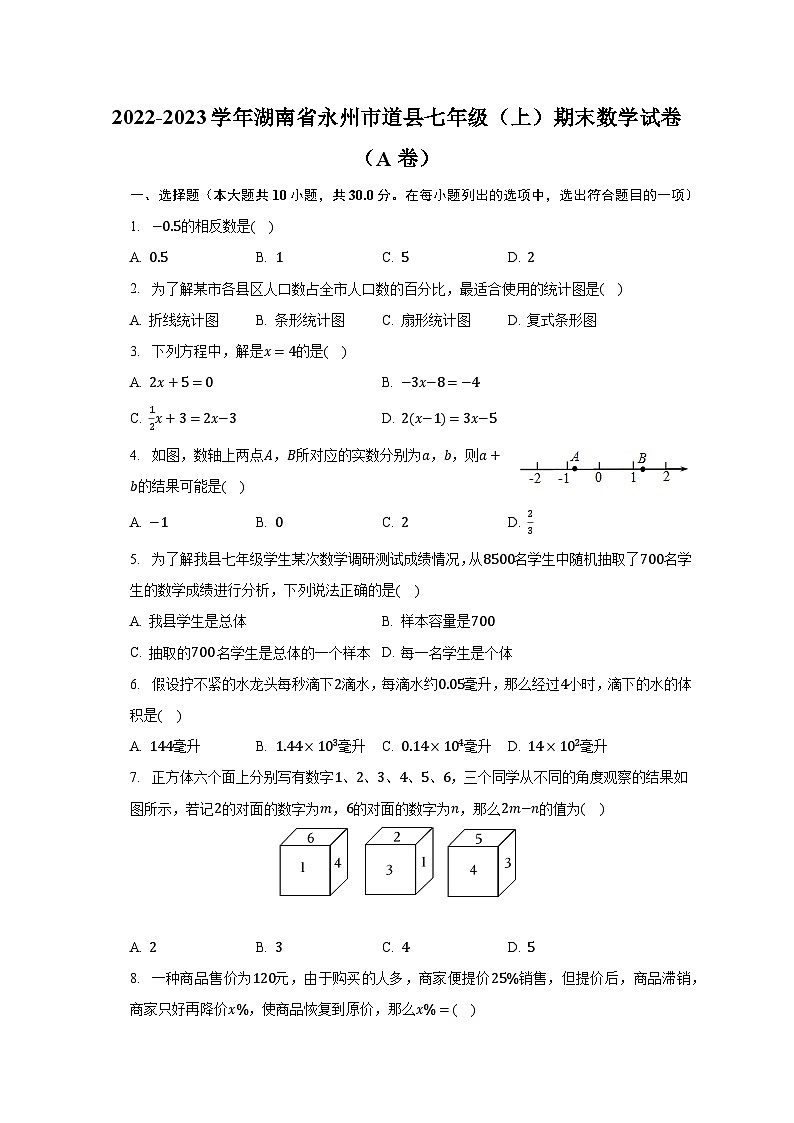 2022-2023学年湖南省永州市道县七年级（上）期末数学试卷（A卷）（含解析）第1页