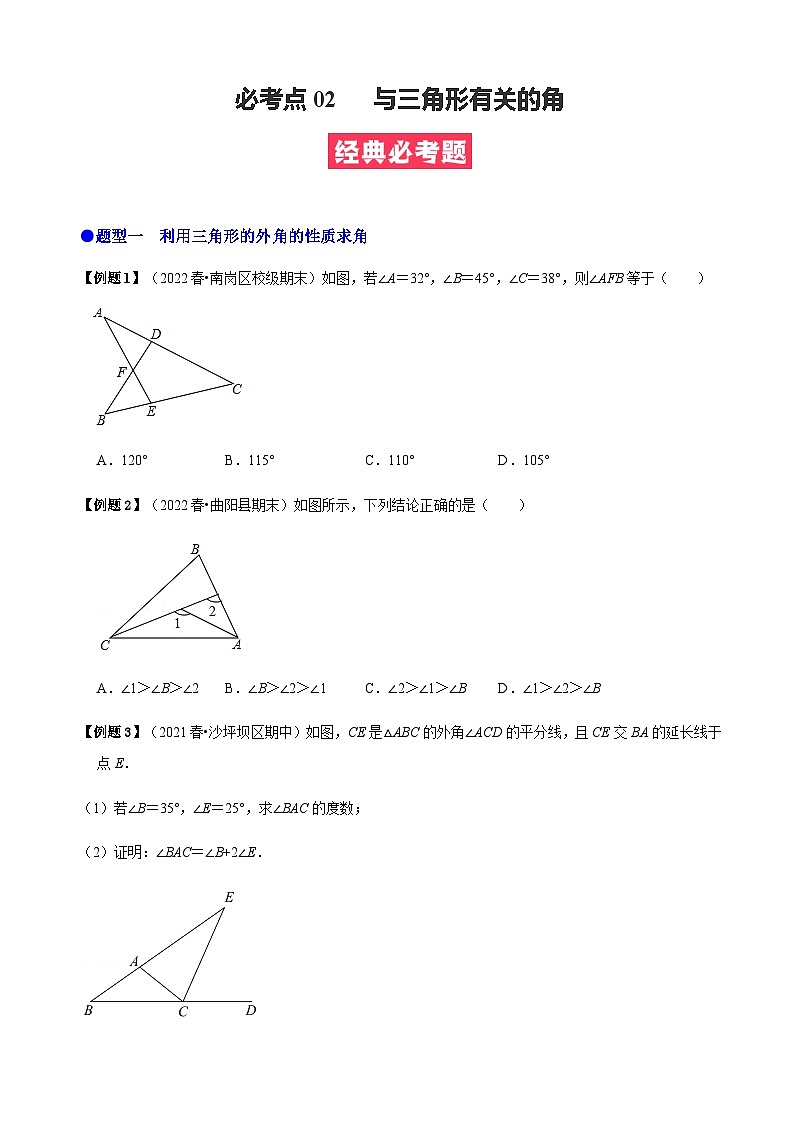 必考点02 与三角形有关的角-【题型·技巧培优系列】2022-2023学年八年级数学上册精选专题（人教版）01