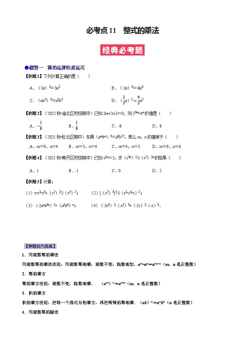 必考点11 整式的乘法-【题型·技巧培优系列】2022-2023学年八年级数学上册精选专题（人教版）01