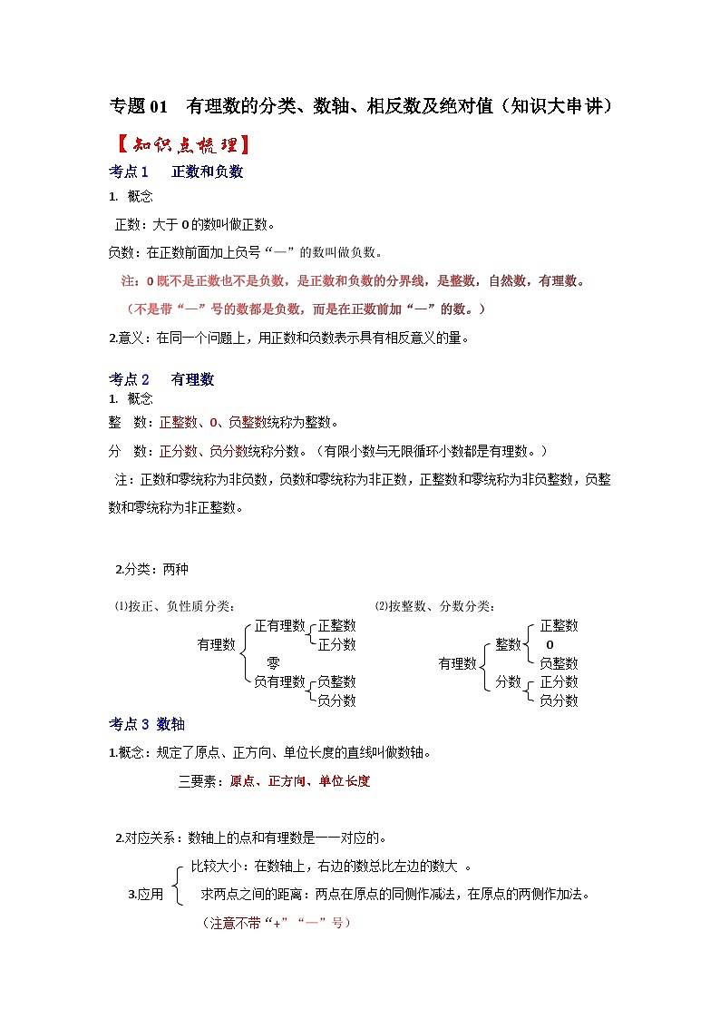 专题01 有理数的分类、数轴、相反数及绝对值（知识大串讲）-2022-2023学年七年级数学上学期期中期末考点大串讲（人教版）01