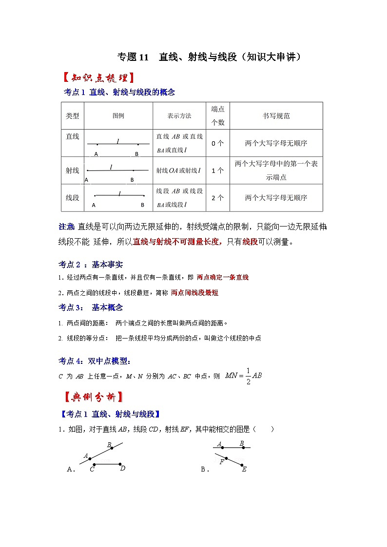 专题11  直线、射线与线段（知识大串讲）-2022-2023学年七年级数学上学期期中期末考点大串讲（人教版）01