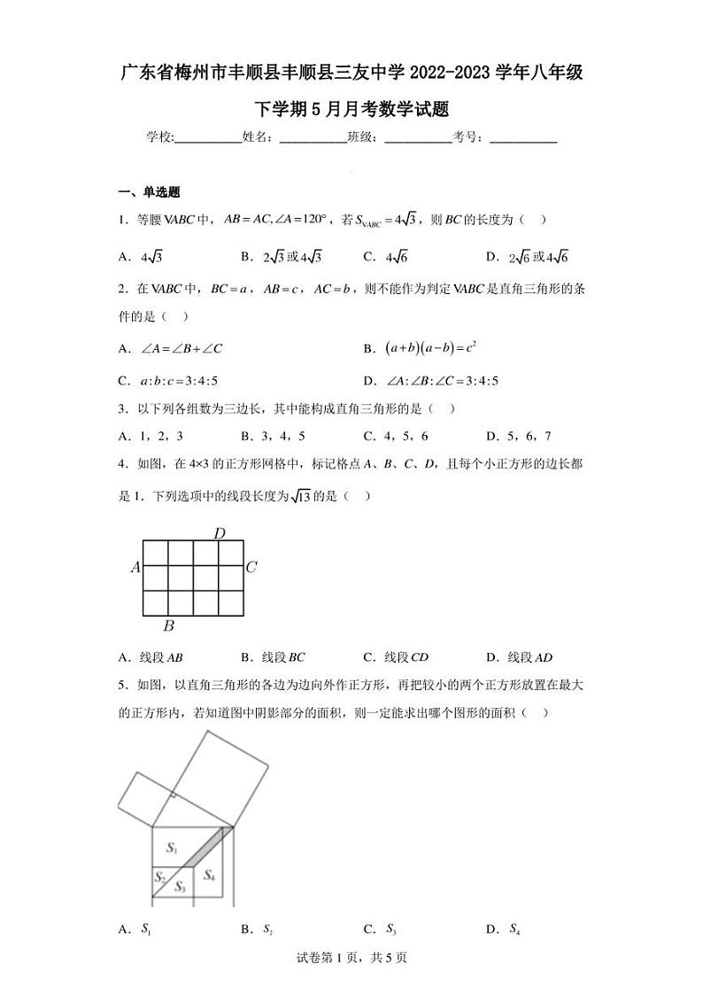 广东省梅州市丰顺县丰顺县三友中学2022-2023学年八年级下学期5月月考数学试题第1页