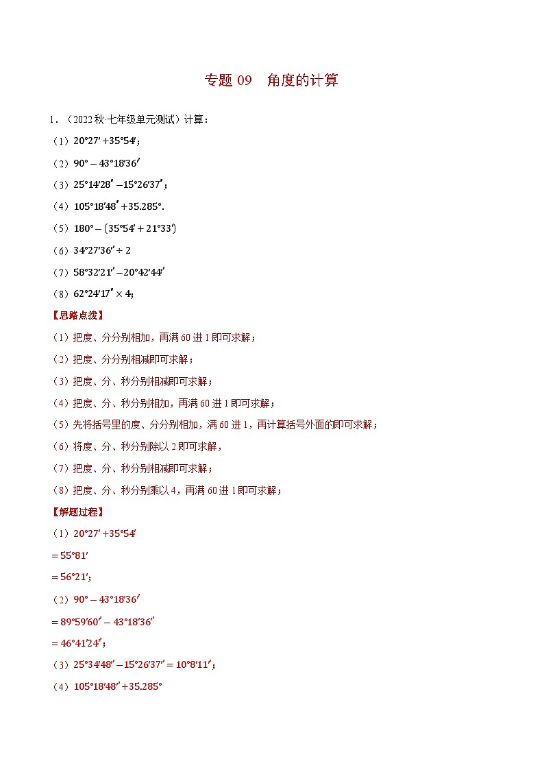 专题09 角度的计算（计算题专项训练）（沪科版）（解析版）01