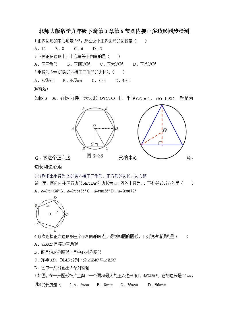 《8 圆内接正多边形》导学案-九年级下册数学北师大版01