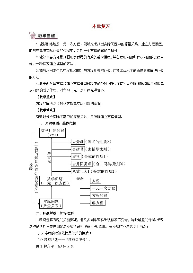 2023七年级数学上册第三章一元一次方程本章复习教案新版新人教版第1页