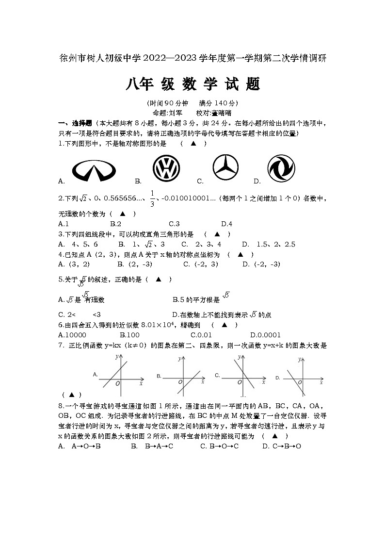 江苏省徐州市树人初级中学2022－2023学年八年级上学期第二次学情调研数学试卷第1页