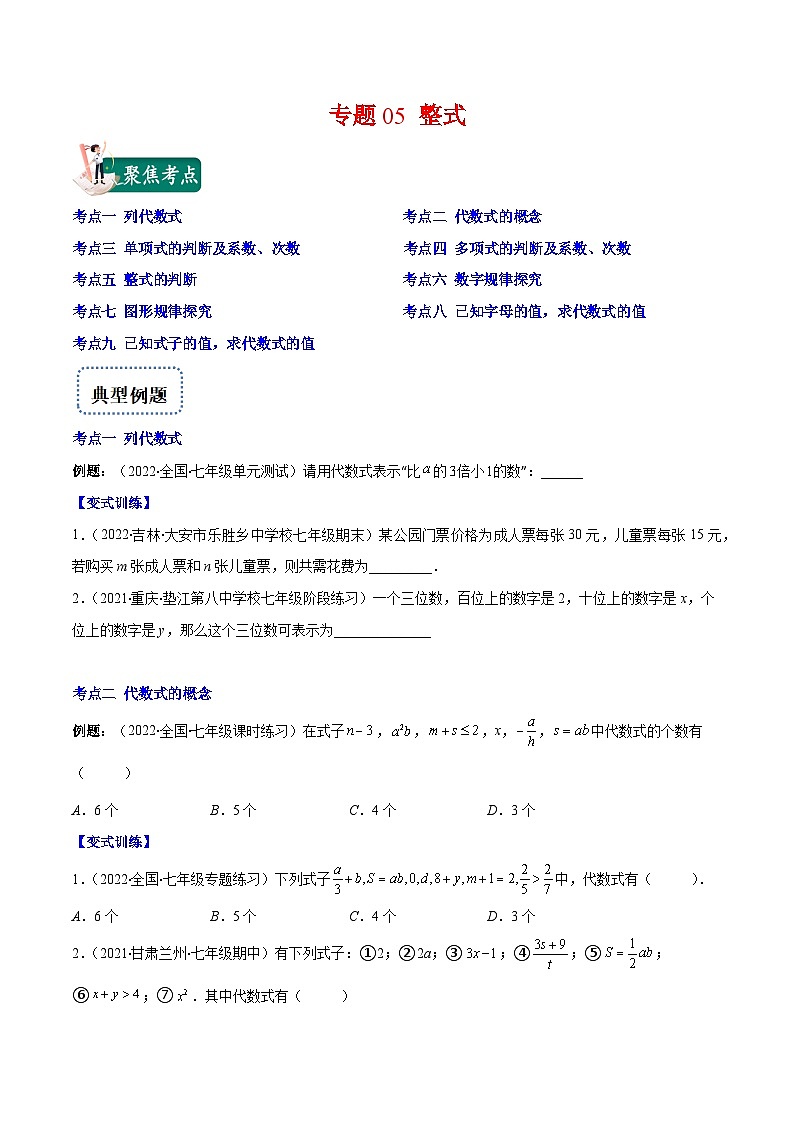 专题05 整式（重点突围）-【学霸满分】2022-2023学年七年级数学上册重难点专题提优训练（人教版）01