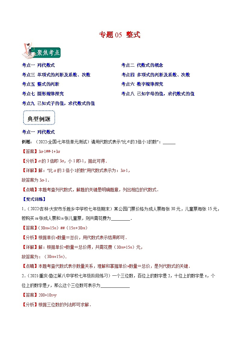 专题05 整式（重点突围）-【学霸满分】2022-2023学年七年级数学上册重难点专题提优训练（人教版）01