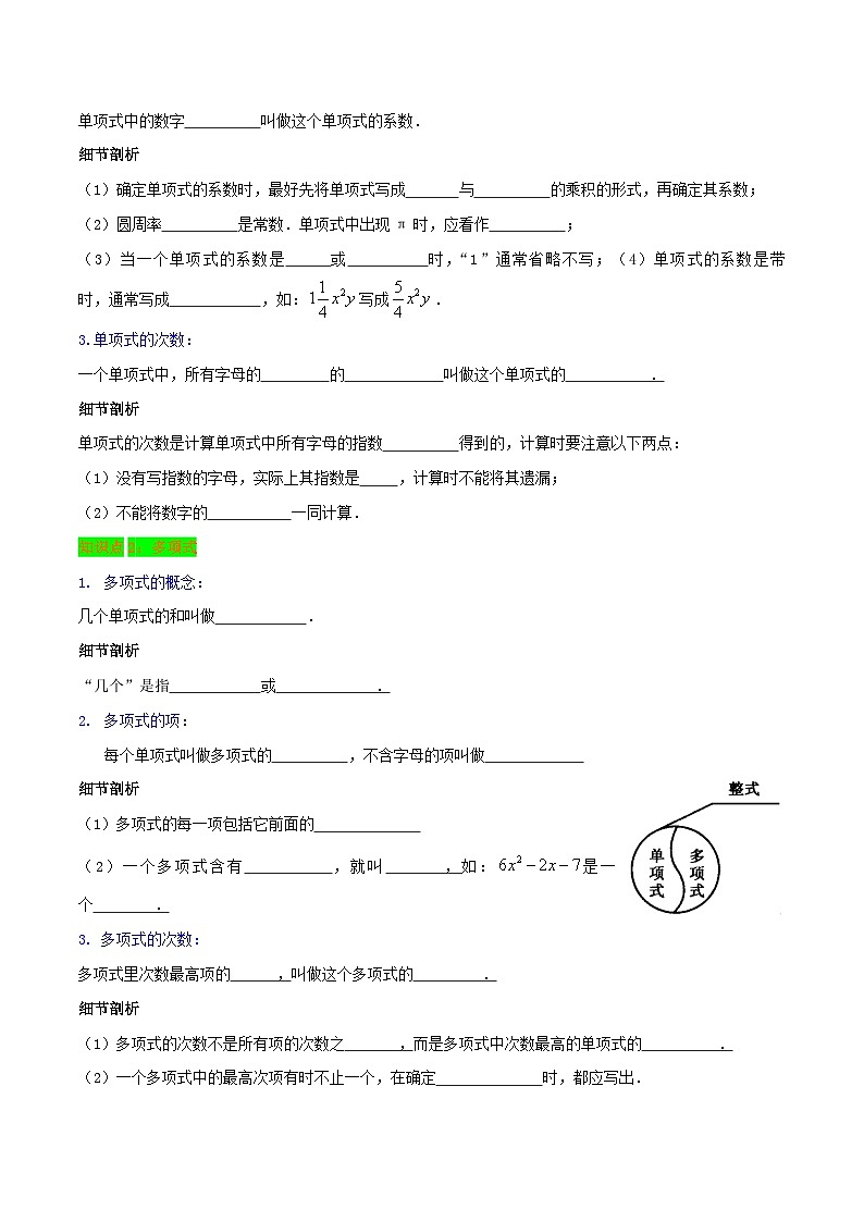 必刷知识点【2.1-2.2 整式及整式的加减】-2022-2023学年七年级数学上册同步考点必刷练精编讲义（人教版）02