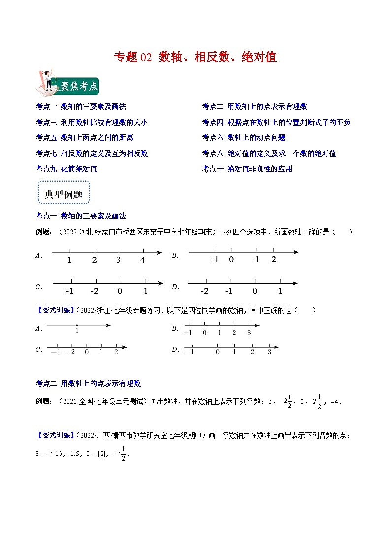 七年级数学上册专题02 数轴、相反数、绝对值(原卷版)（重点突围）-【学霸满分】2022-2023学年七年级数学上册重难点专题提优训练（人教版）第1页