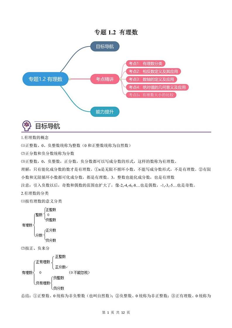 人教版七年级数学上册同步精品讲练测 专题1.2 有理数（2份打包，原卷版+教师版）01