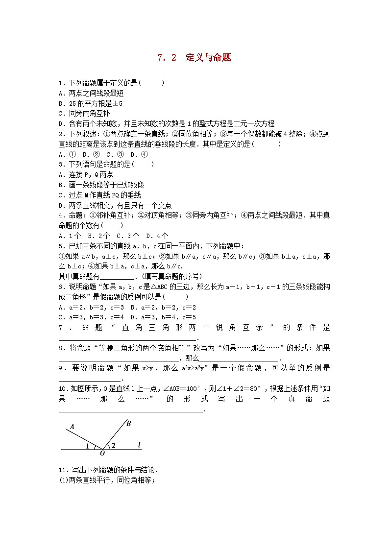 2023八年级数学上册第七章平行线的证明7.2定义与命题同步练习新版北师大版01