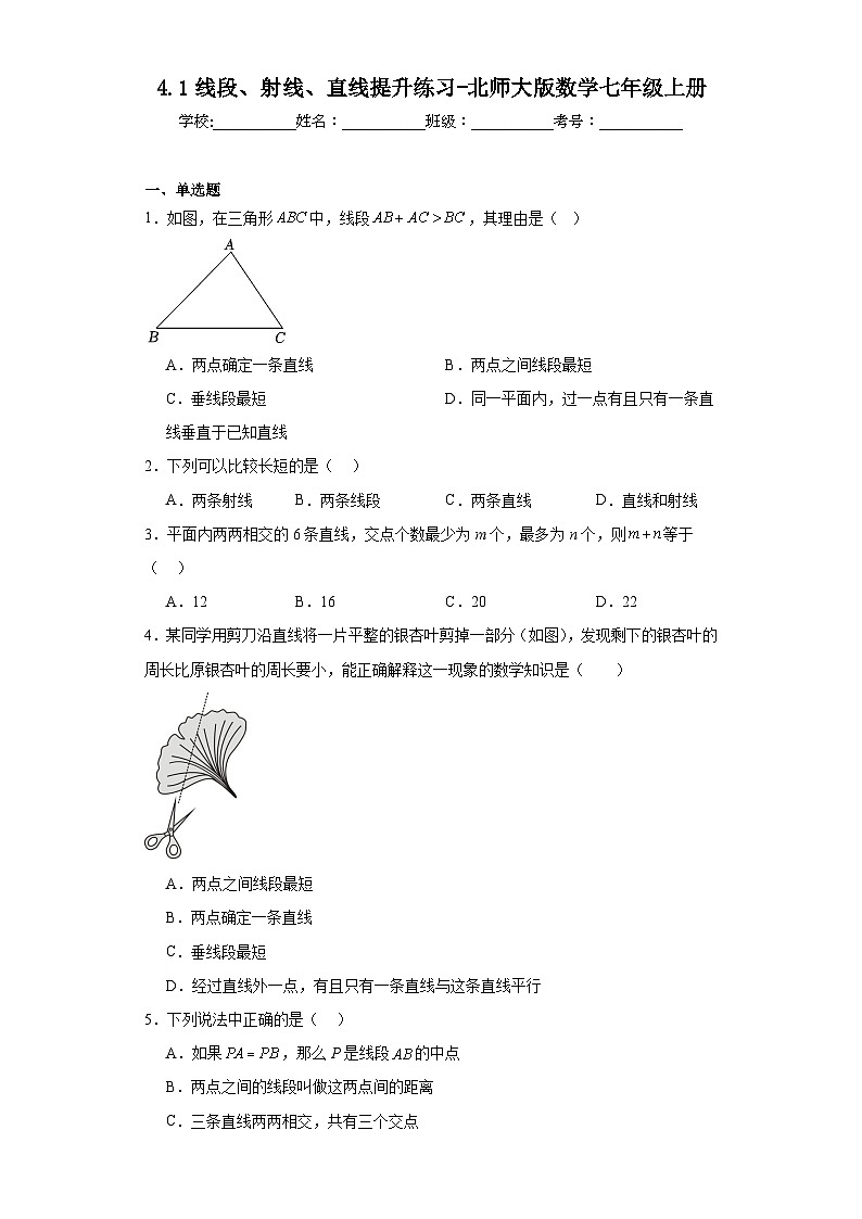 4.1线段、射线、直线提升练习-北师大版数学七年级上册01