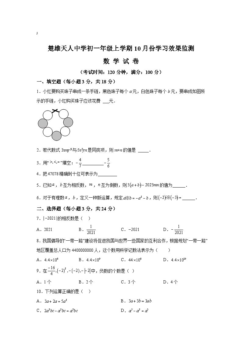 云南省楚雄天人中学2022-2023学年七年级上学期10月学习监测数学试卷(含解析)第1页